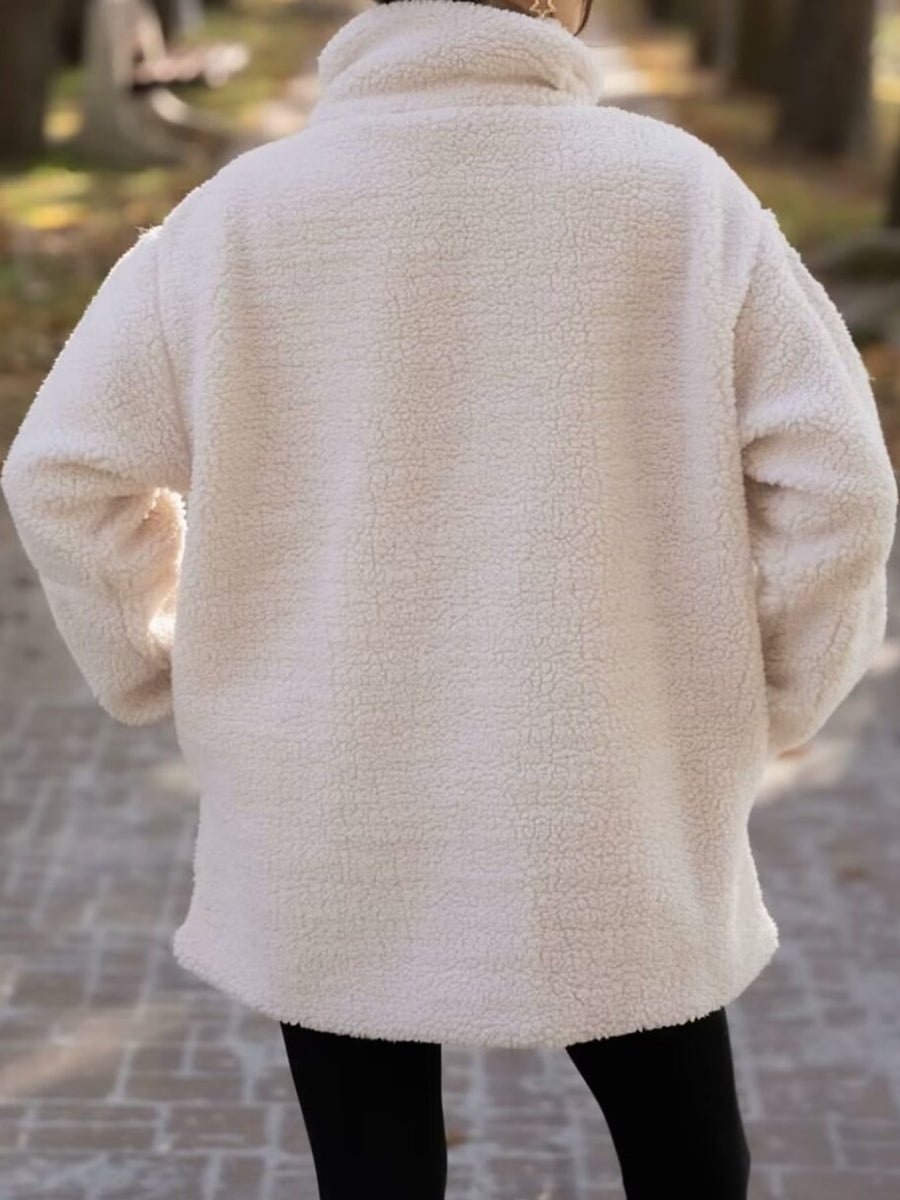 modern sherpa jacket in Khaki-Ribbed with mock neck