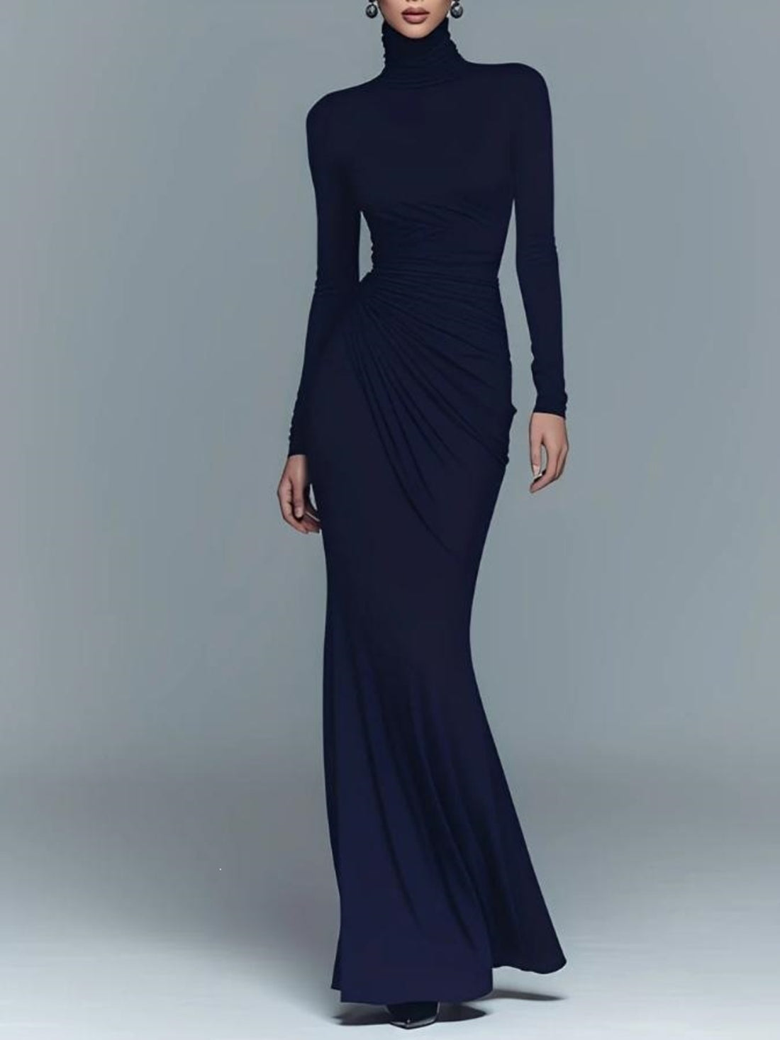 maxi dress in navy blue featuring ruched and fitted fit
