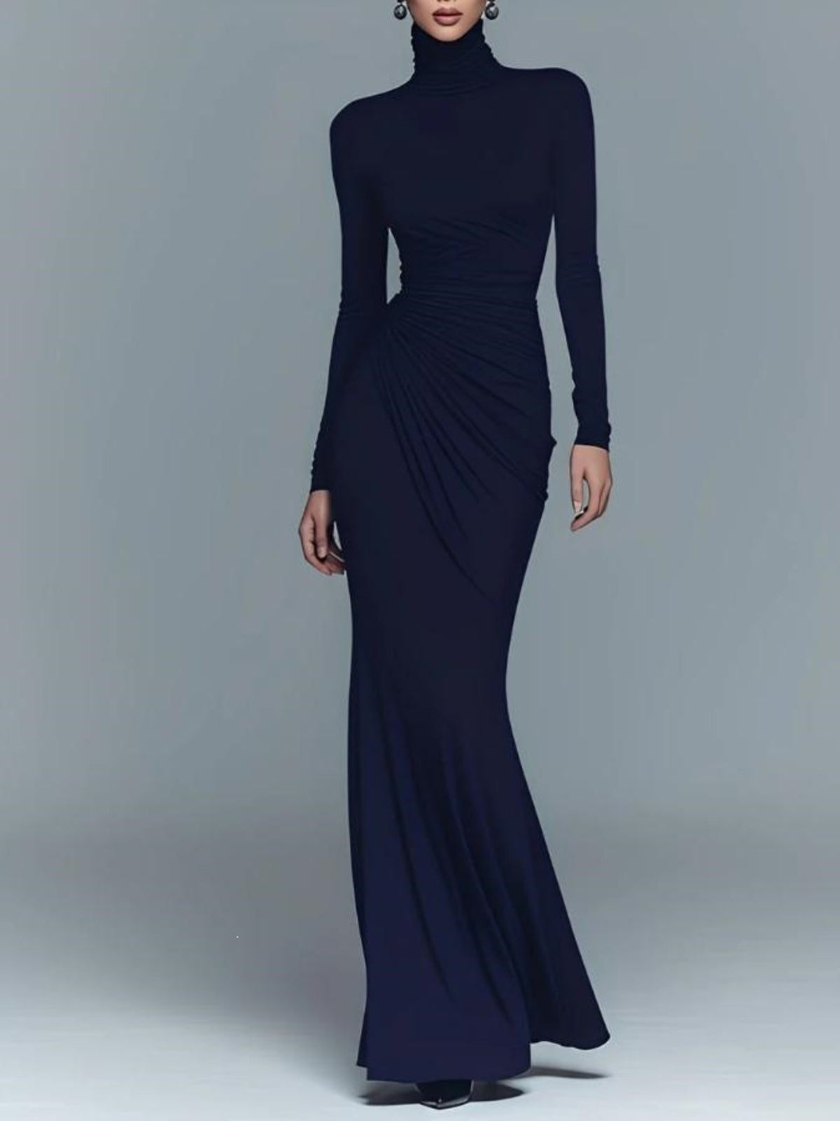 maxi dress in navy blue featuring ruched and fitted fit