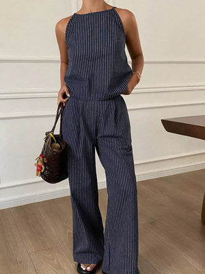 Blue striped sleeveless top and wide-leg pants set with a halter neckline.