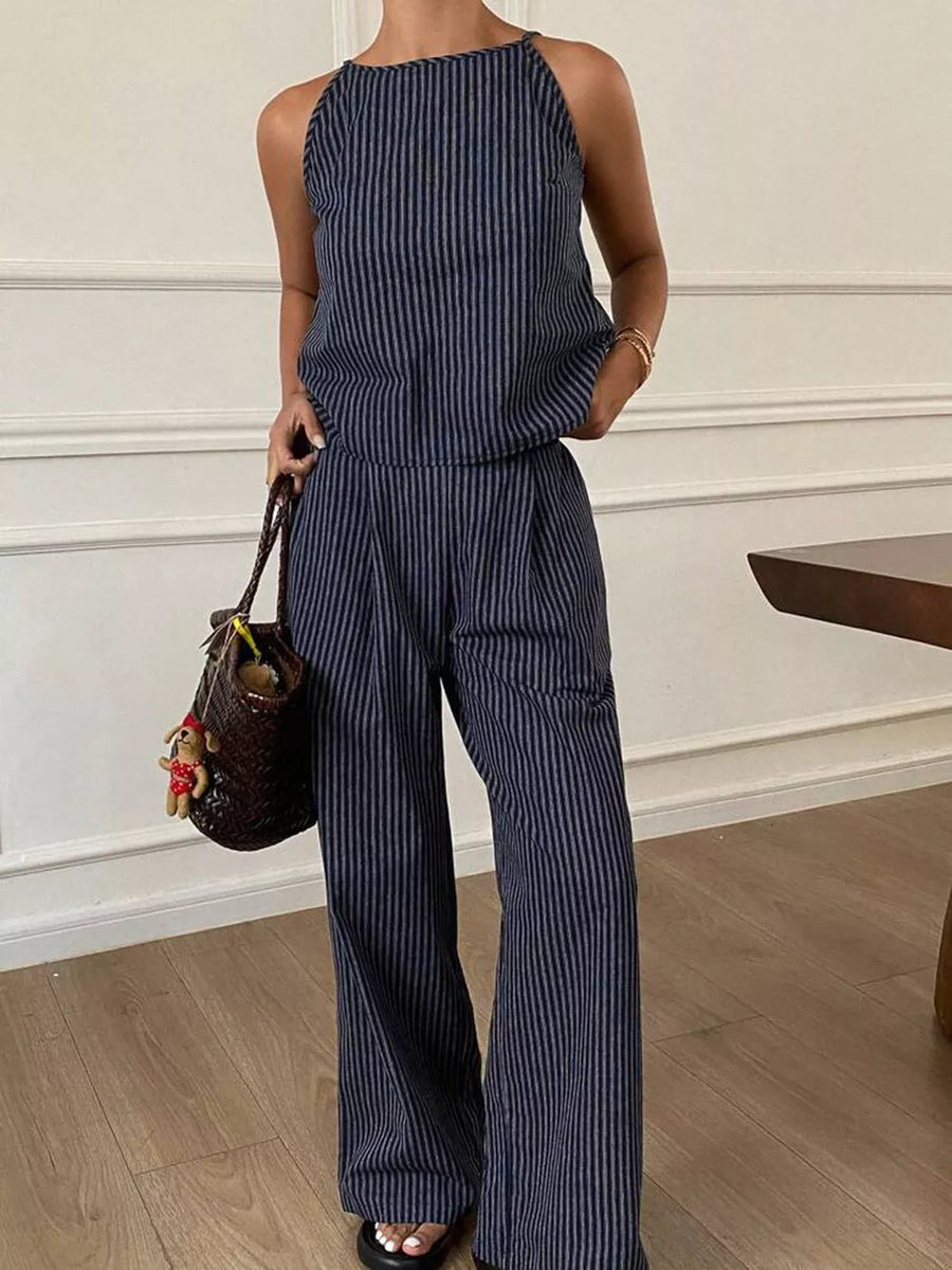 Blue striped sleeveless top and wide-leg pants set with a halter neckline.