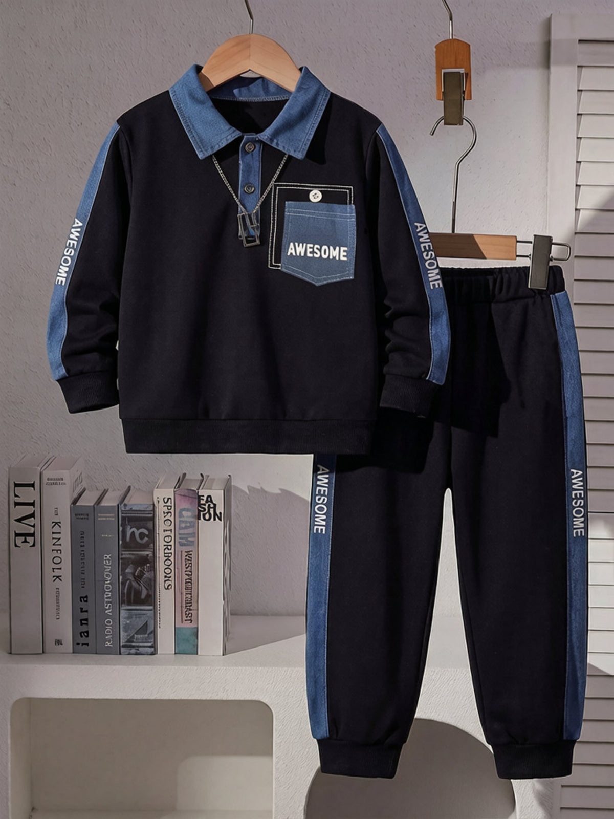 navy blue tracksuit with color-block and collared