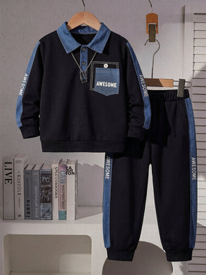 navy blue tracksuit with color-block and collared