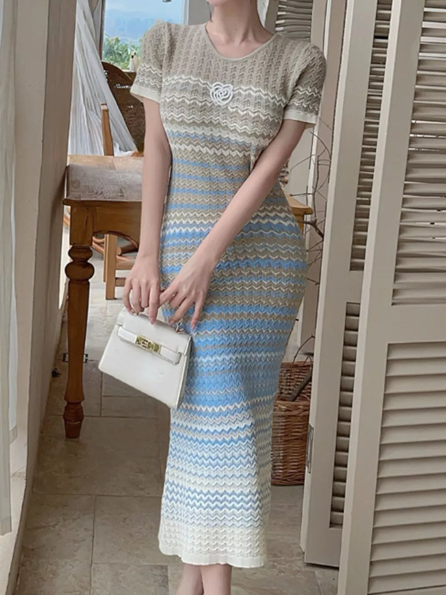 Light Blue with Gradient Knit Striped Midi Dress in Light Blue