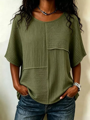 Full Size Texture Round Neck Half Sleeve Blouse in Navy Blue