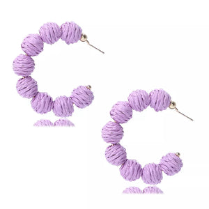 Purple raffia grass C-hoop earrings with gold post backs