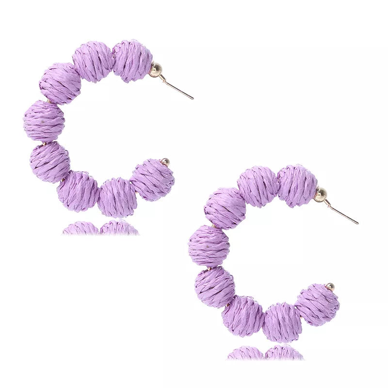 Purple raffia grass C-hoop earrings with gold post backs