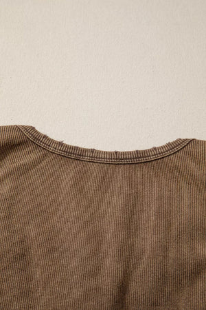 Brown ribbed henley snap tank top with raw edge neckline