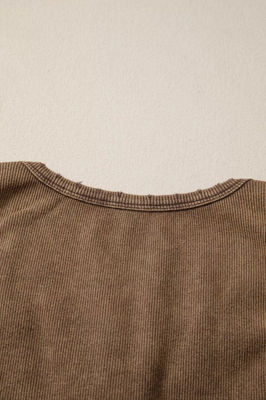 Brown ribbed henley snap tank top with raw edge neckline