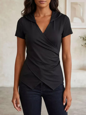 Black ruched hooded wrap maternity t-shirt with short sleeves and a V-neck.