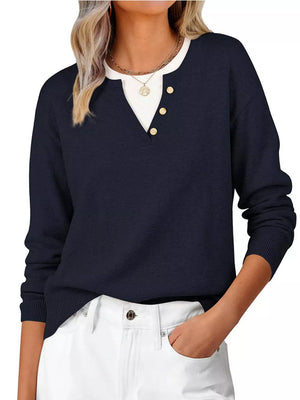 Long Sleeve Dropped Shoulder Sweater in Army Green with buttoned