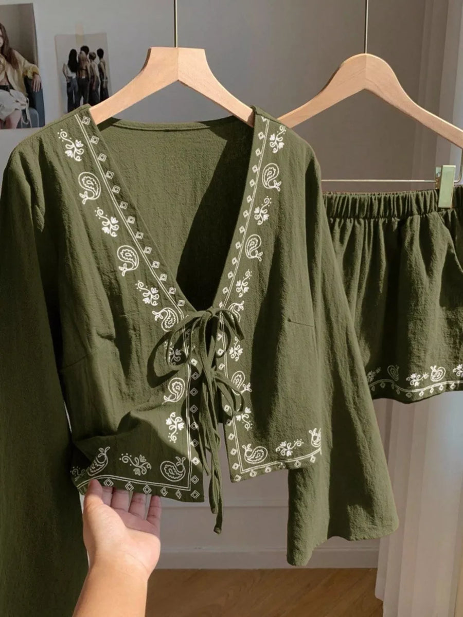 Army green cotton tie-front top & shorts set with white embroidery.