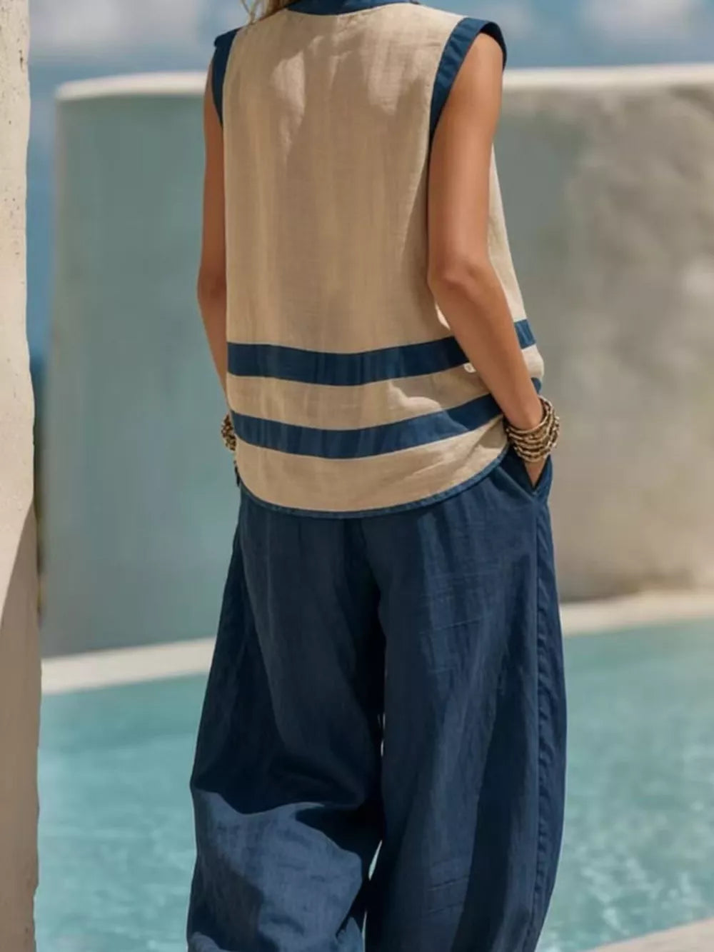 Striped Sleeveless Top And Wide-leg Pants Set in Black