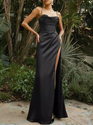 Black satin maxi dress with cowl neck, corset bodice, and high slit.