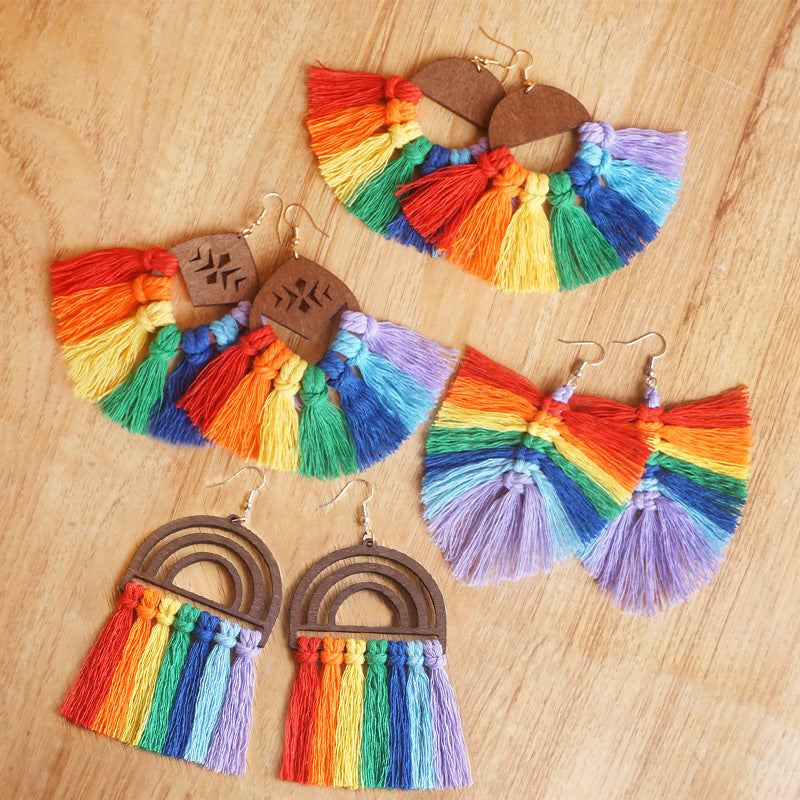 Rainbow tassel fan earrings with wooden accents, available in multiple styles.
