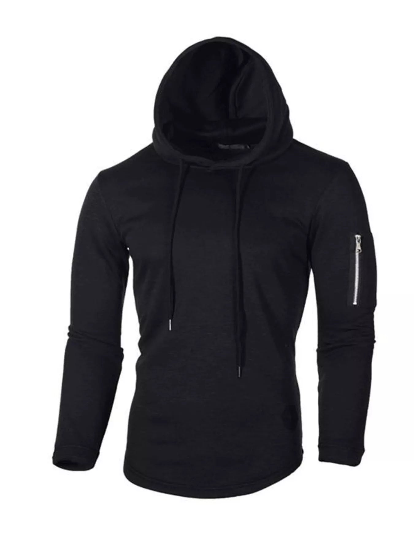 Black slim fit long-sleeve hoodie with drawstring and zippered sleeve pocket.