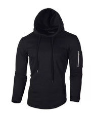 Black slim fit long-sleeve hoodie with drawstring and zippered sleeve pocket.