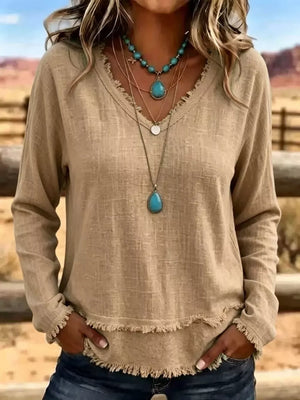 blouse in khaki featuring raw hem and relaxed fit