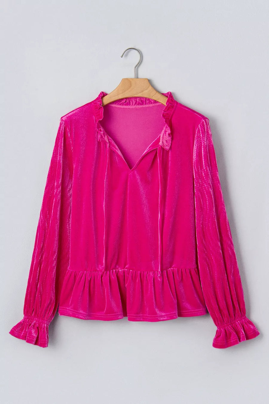 Hot Pink with V Neck Velvet Ruffled Cuffs Long Sleeve Top