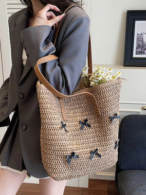 Straw weaving Imported Size &amp handbag in brown with tote silhouette
