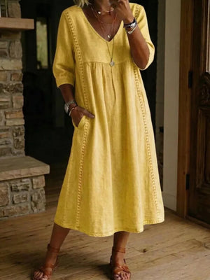 Orange-red Full Size V-neck 3/4 Sleeve Midi Dress Plus Size