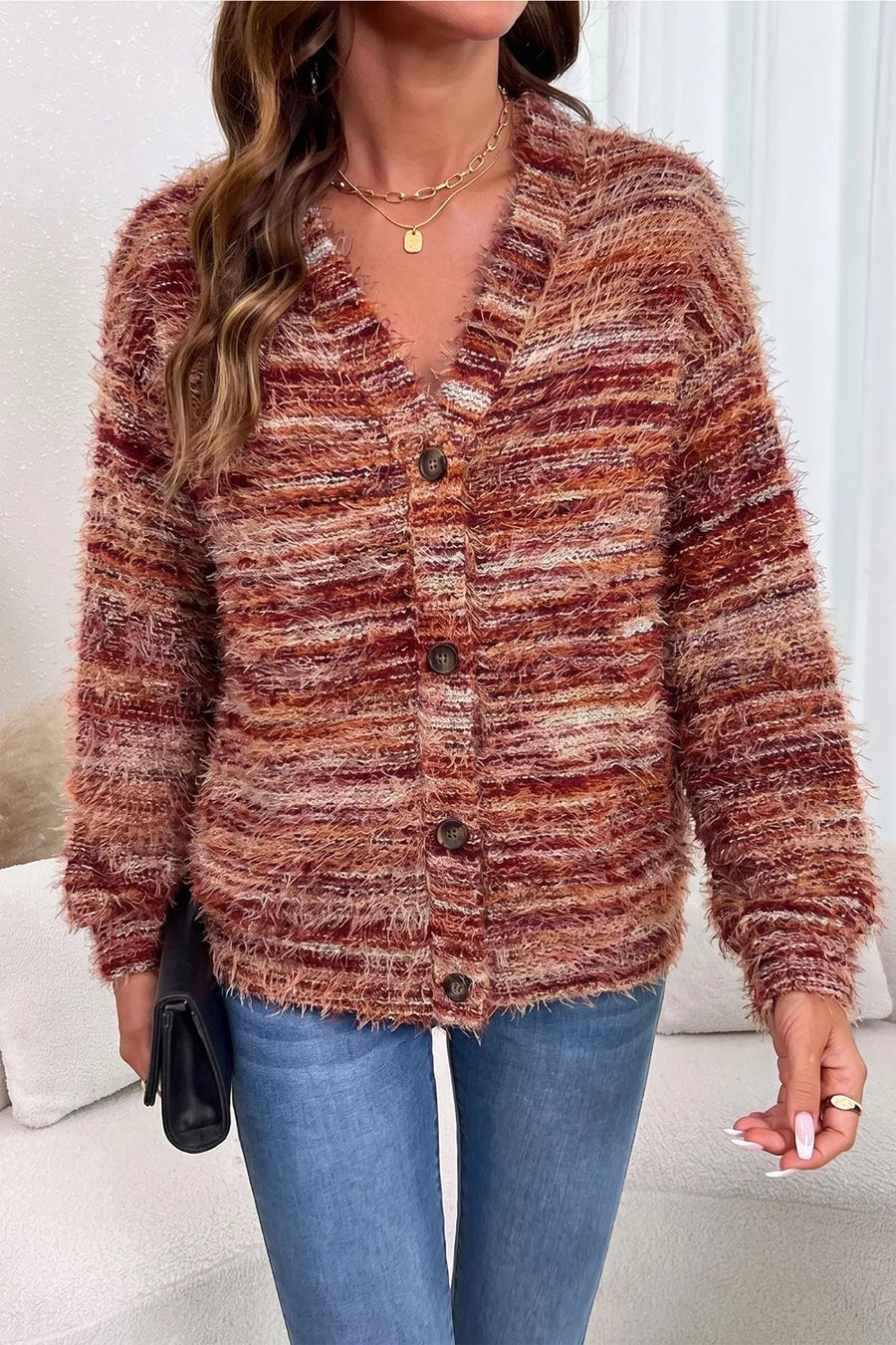 Fuzzy Striped Button Front Cardigan Sweater option 5