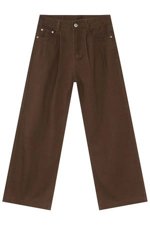 Chocolate wide-leg denim trousers with front pleats and a casual silhouette.