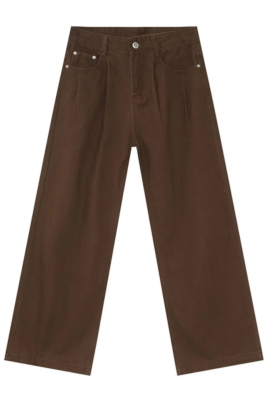Chocolate wide-leg denim trousers with front pleats and a casual silhouette.
