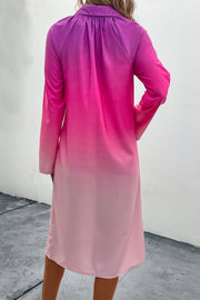 Ombre collared shirt dress in hot pink with cuffed sleeves and gathered detail at the back yoke.