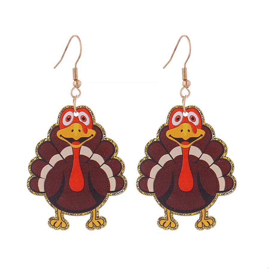 Festive turkey dangle earrings in acrylic with 18k gold hooks.
