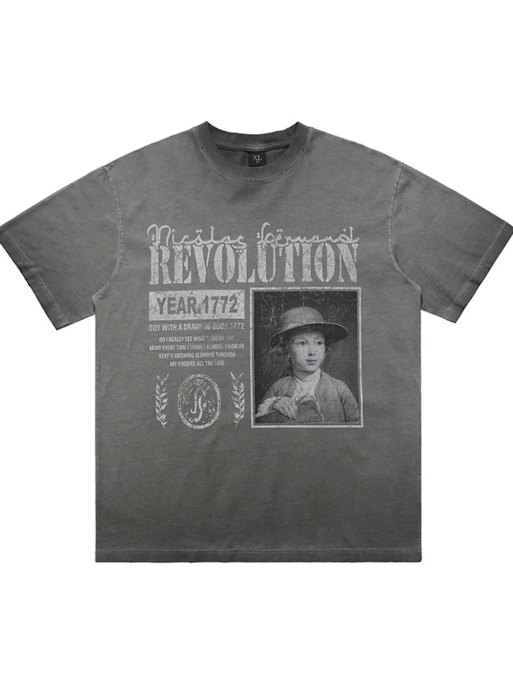 Gray cotton oversized t-shirt with "Revolution Year 1772" graphic and portrait.