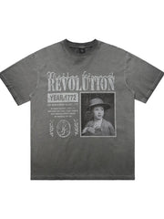Gray cotton oversized t-shirt with "Revolution Year 1772" graphic and portrait.