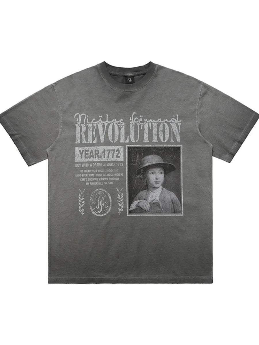 Gray cotton oversized t-shirt with "Revolution Year 1772" graphic and portrait.