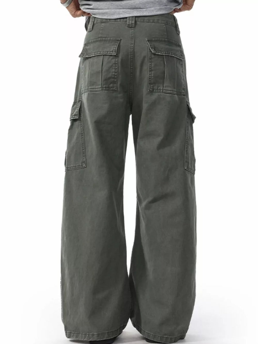Men's army green cargo sweatpants with multiple pockets and a relaxed fit.