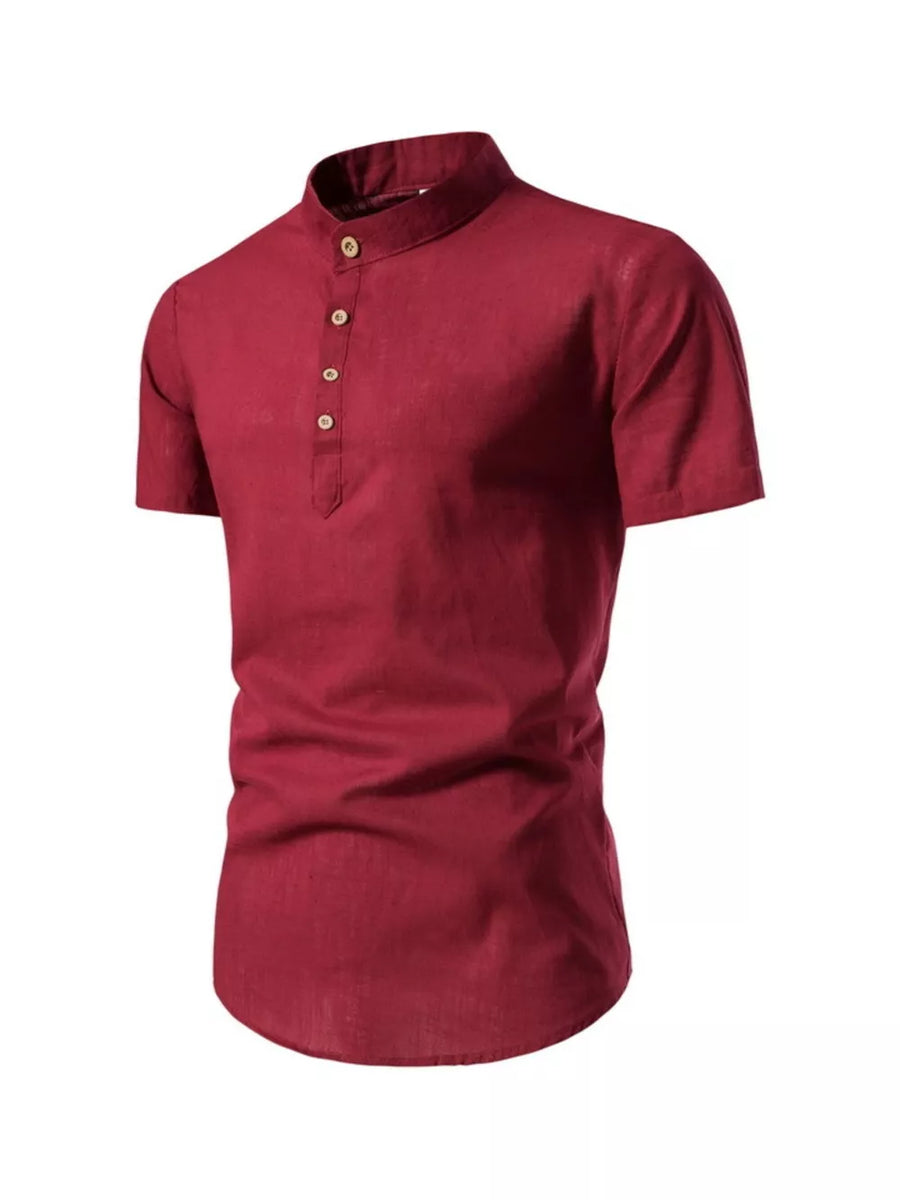 Burgundy cotton men's short sleeve shirt with mandarin collar and button placket, curved hem.