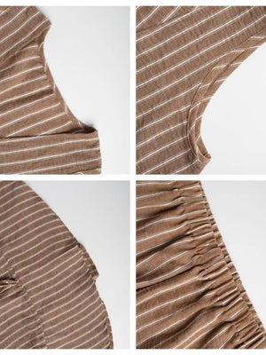 Chic camel striped two-piece set with tie front top and elastic waist pants.