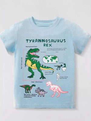 Light blue short sleeve t-shirt with Tyrannosaurus Rex dinosaur graphic and educational text.