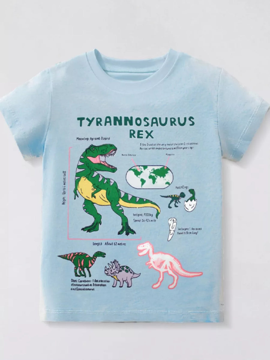 Light blue short sleeve t-shirt with Tyrannosaurus Rex dinosaur graphic and educational text.