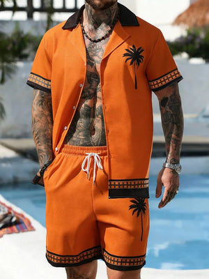 bright orange hawaiian shirt with tropical print and collared