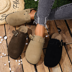 clogs in camel featuring round toe and relaxed fit