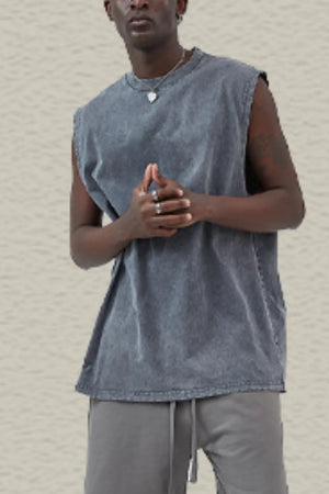 Acid wash muscle tank top in dark gray with a crew neck and sleeveless cut.