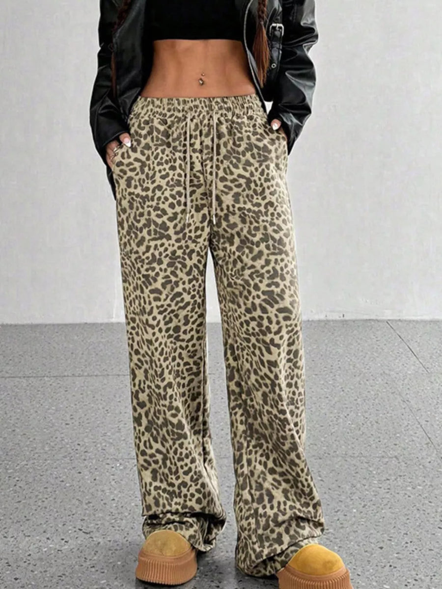 wide-leg pants in brown with drawstring waist and full-length
