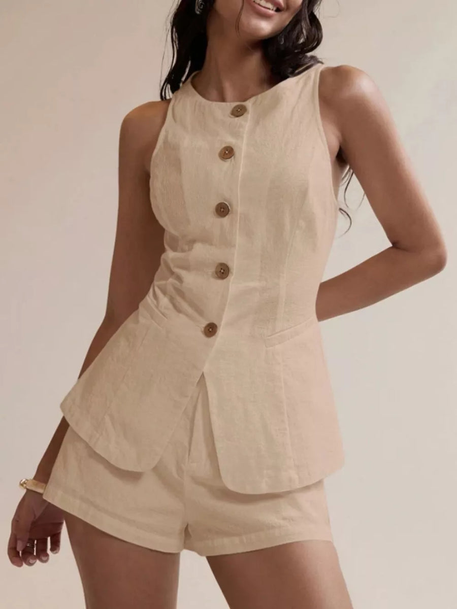 Apricot cotton two-piece set with decorative buttons and shorts