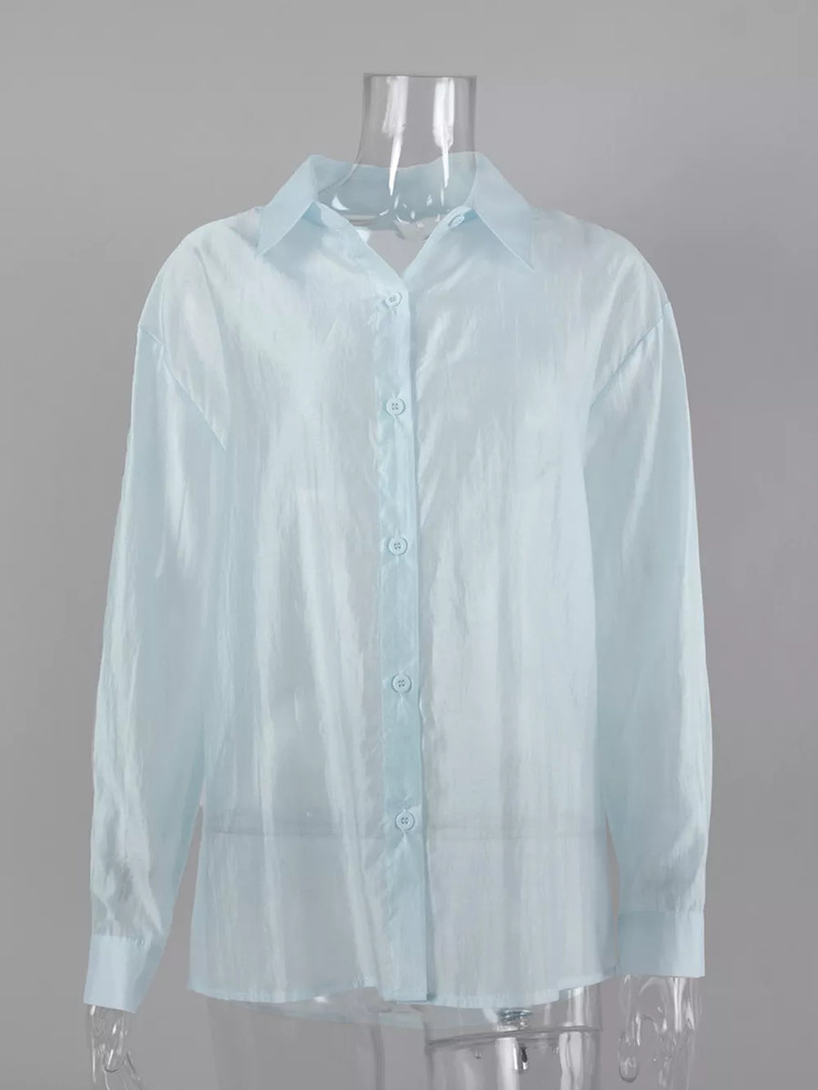 Sheer Oversized Button-up Shirt in Light Blue