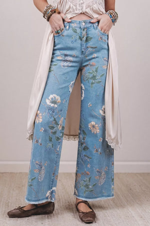 sage green wide-leg jeans featuring pocketed and floral