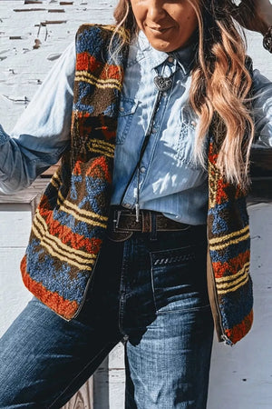 vest in rust with geometric and pocketed