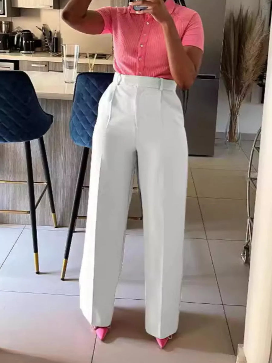 Ivory white high-waisted wide-leg trousers with a tailored fit.