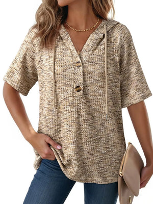 Waffle knit hooded t-shirt in apricot with button detail and drawstring hood.