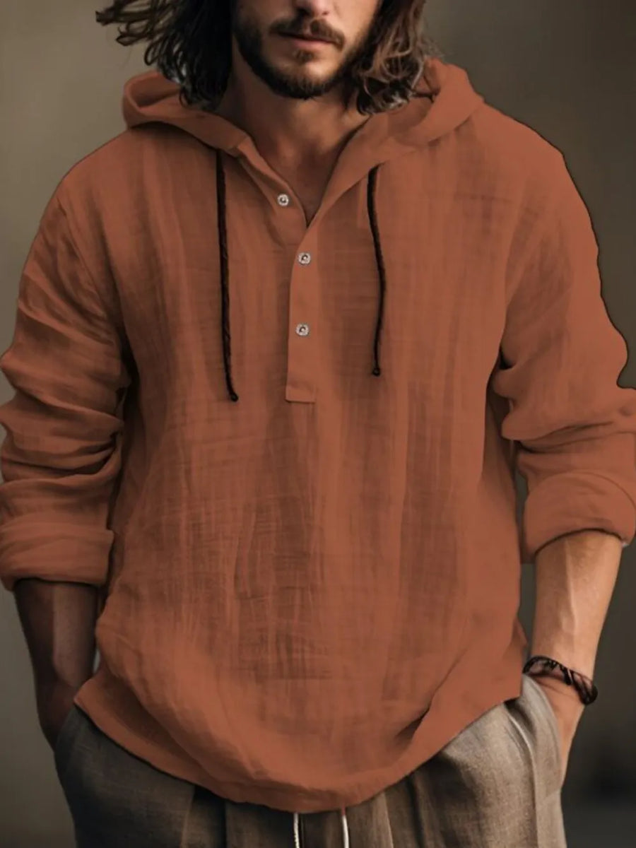 Terracotta linen henley hooded pullover with button placket and drawstring hood