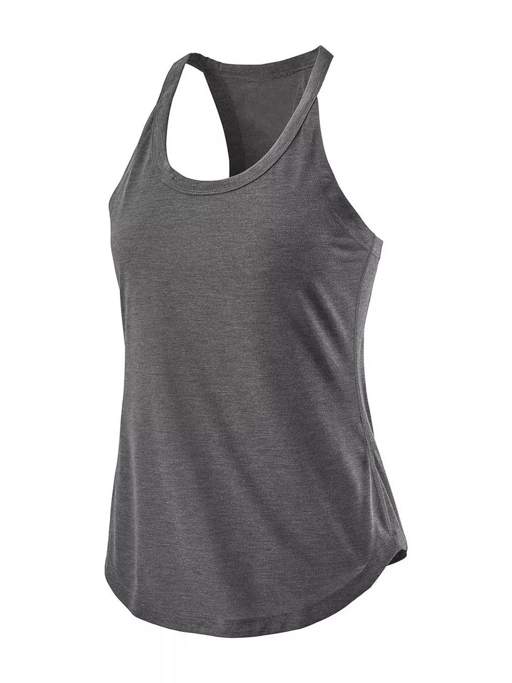 Women's grey heathered racerback tank top with curved hem